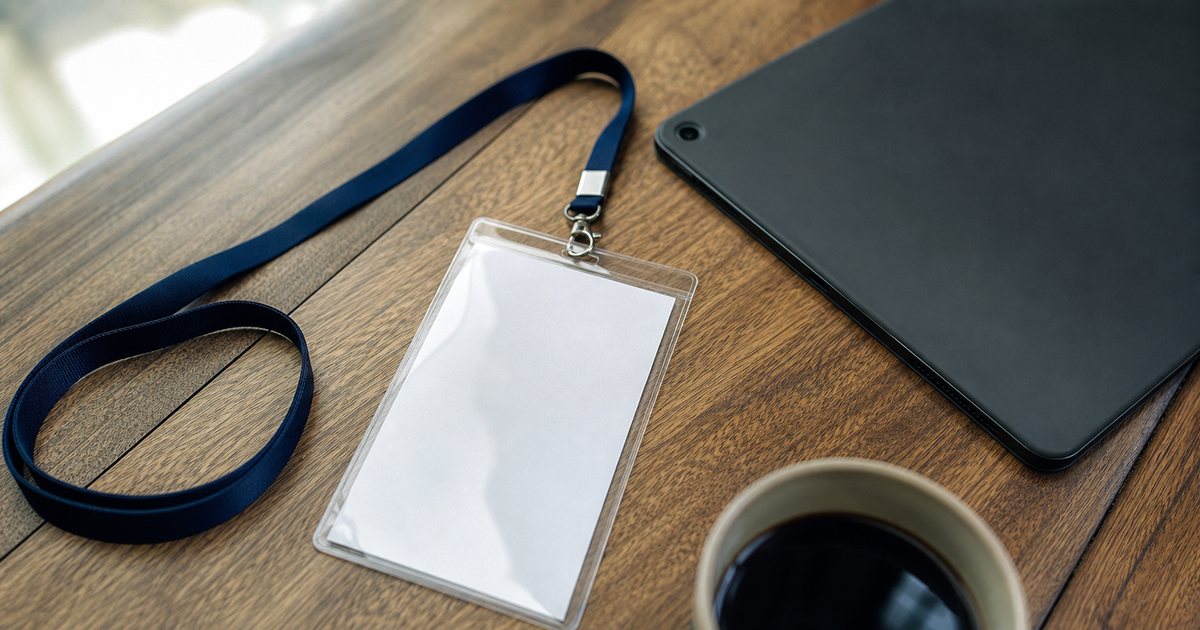 Overhead view of a conference badge with a lanyard lying on a wooden desk next to a tablet turned face down and a cup of coffee, natural window light