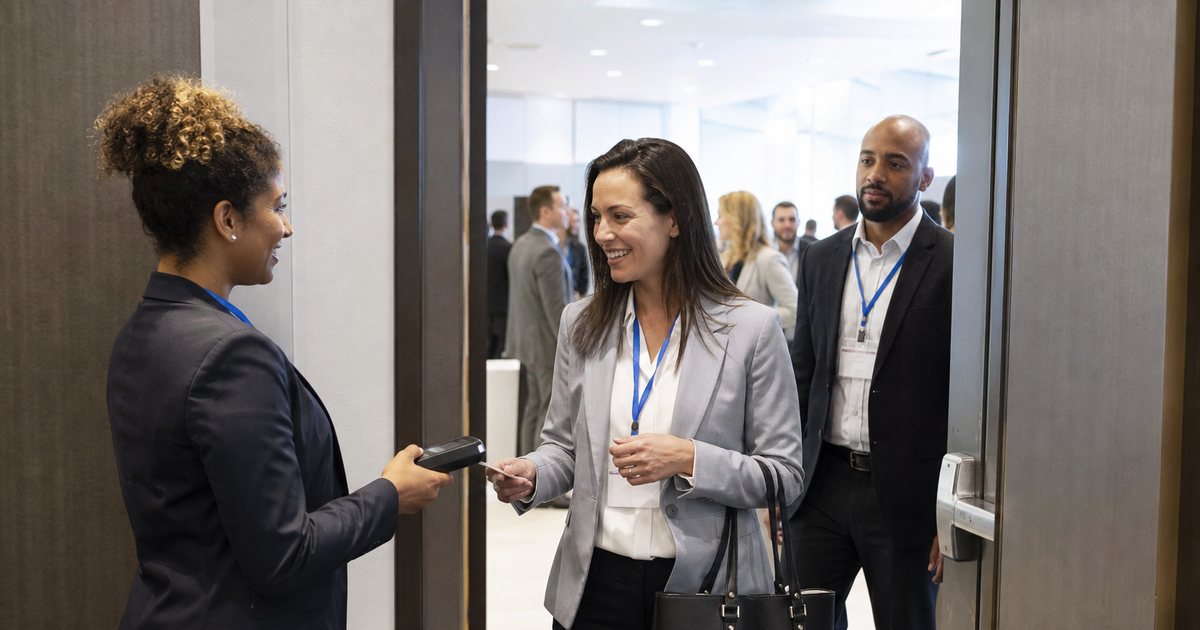 A room monitor holding a small scanning device at the doorway of a conference breakout room while professionals in business attire file in wearing lanyard badges, bright hallway