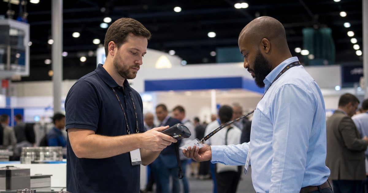 An exhibitor in a plain polo shirt scanning a visitor's lanyard badge with a handheld device at a trade show booth, product samples on a table, busy exhibit hall behind them