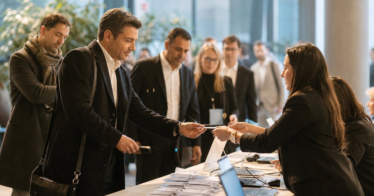 How can event organizers speed up the check-in line during the busy first hour of a conference?