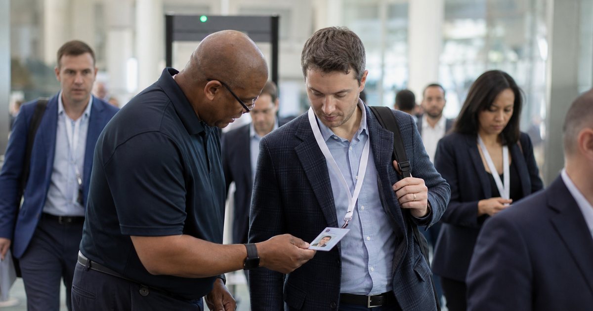 A security staff member in a dark polo glancing at the photo on a conference attendee's lanyard badge at a hall entrance, other attendees passing through, neutral convention center interior
