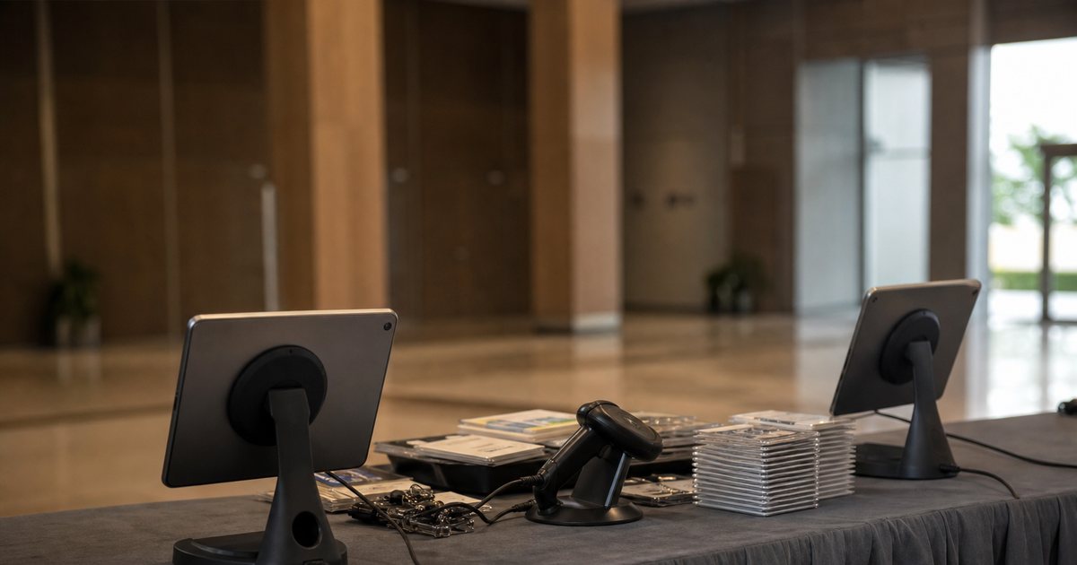 Two check-in stations side by side on a long draped table, one with a tablet on a stand turned away from the camera and one with a handheld scanner resting beside a stack of badges, empty conference lobby before doors open